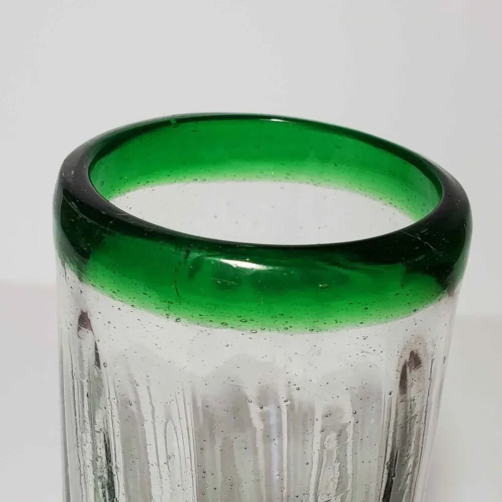 Hand Blown Glass Tumblers Green Rim